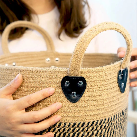 Jute Woven Storage Basket With Handle Cotton Rope Storage Basket Toy Sorting Dirty Clothes Basket Book And Toy Sorting Box