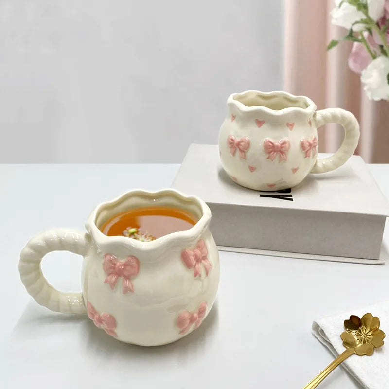 380ML French Ceramic Coffee Cup Cute Hand Pinch Bow Mug Afternoon Tea Ceramic Flower Tea Cup Household Breakfast Milk Mug Gifts