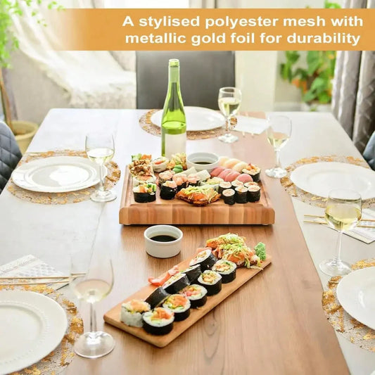 13-inch Disposable Gold Placemats, Metal Round Gold Foil Mesh, Create A Sense of Table Ceremony,Holiday Parties, Weddings