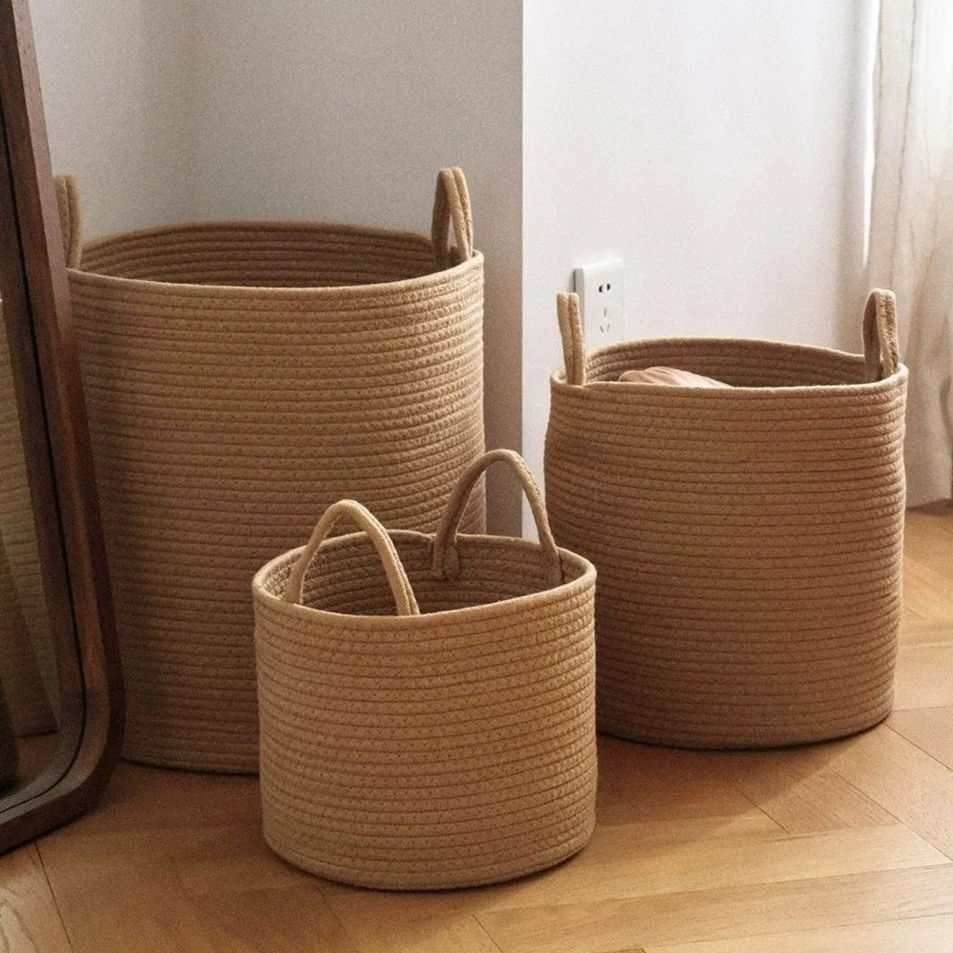Solid White Storage Baskets Cotton Rope Home Organization Kids Toy Woven Laundry Hamper with Handles Sundries Organizer Basket