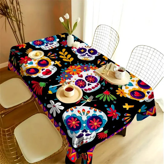Mexico Day of The Dead Rectangle Tablecloth Mexican Party Decor Colorful Skulls Floral Table Cloths Kitchen Dining Table Decor