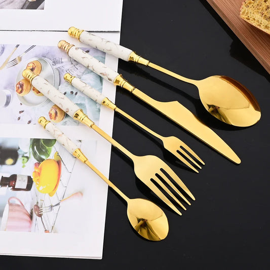 30Pcs White & Gold Cutlery Set – Stainless Steel Flatware with Imitation Ceramic Handles | Dinnerware for 6 People | NaturalBuiltHome