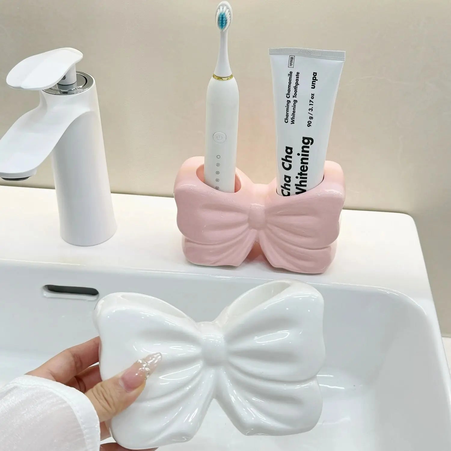 Bowknot Toothbrush Holder Ceramic Electric Toothbrush Holder Couple Washing Table Rack Bathroom Organizer Travel Accessories