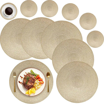 Set of 4/6 34CM Glitter Round Braided Placemats Golden Sliver Circle Place Mats Washable Table Mats for Kitchen Party Wedding