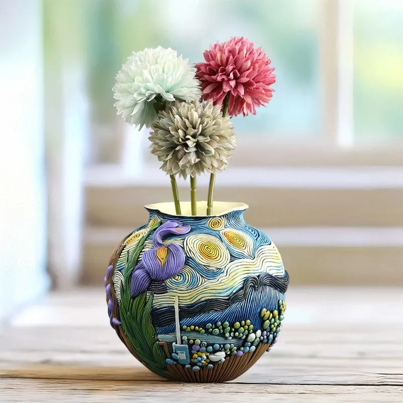 Van Gogh's Moon Night Inspiration Art Crafts Flower Arrangement Vase Desktop Home Ornaments Starry Sky Flower Pot