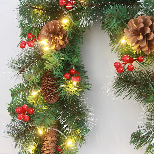 Christmas Red Berry Led Light Wreath Realistic Wall Decoration Christmas Vine Christmas Hanging Artificial Pinecone Vines