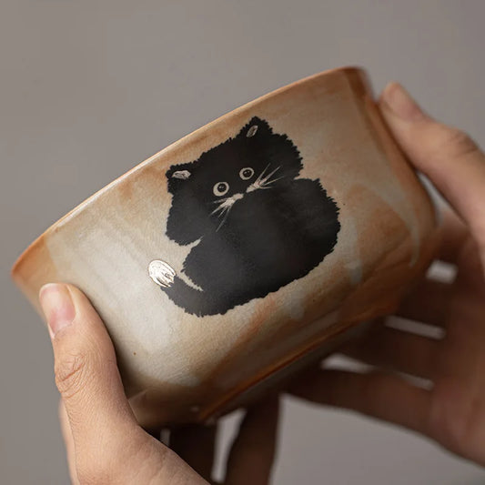 Matcha Tea Set – Black Cat Ceramic Bowl with Bamboo Whisk | NaturalBuiltHome