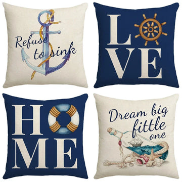 Summer Marine Style Cushion Cover 45x45cm Linen Pillowcases Boat anchor Drift Bottle Letters Throw Pillow Case Blue Pillow Cover