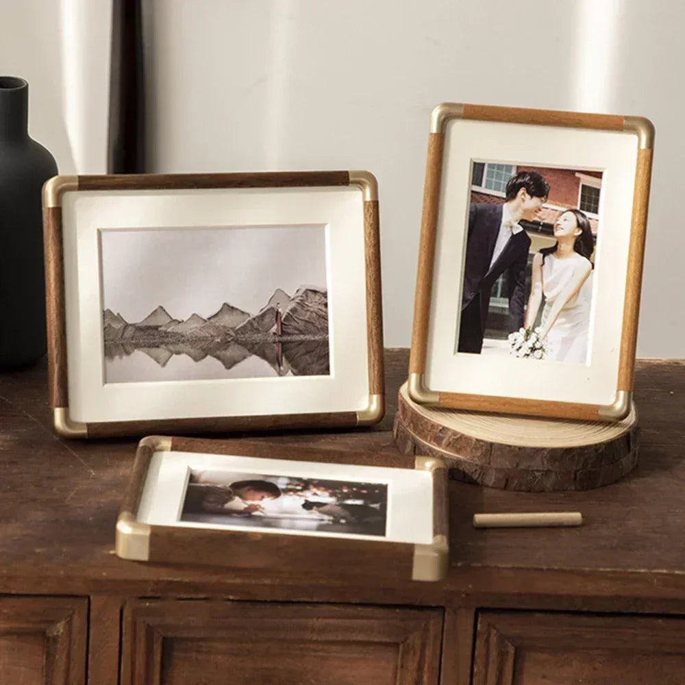 Black Walnut Photo Frame 5/6/7/8 Inch Retro Tabletop Decoration Copper Corner Solid Wood Texture DIY Photo Frame Wooden Crafts
