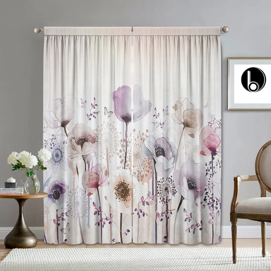 2PC Home Decoration Curtains With Floral Background And Rod Pocket Curtains, Kitchen,Coffee Shop, Living Room, Balcony, Garden