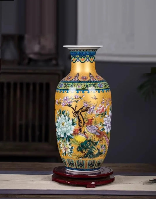 36cm/Golden Jingdezhen ceramics, Chinese style enamel colored vase decorations, home decor, living room, antique rack, vase inse