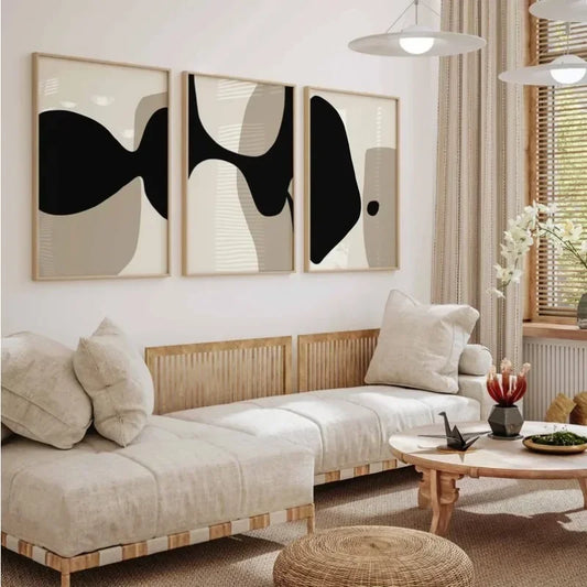 Modern Minimalist Neutral Gallery Wall Art Black and Beige Abstract Art Canvas Painting Nordic Simple Bedroom Decor
