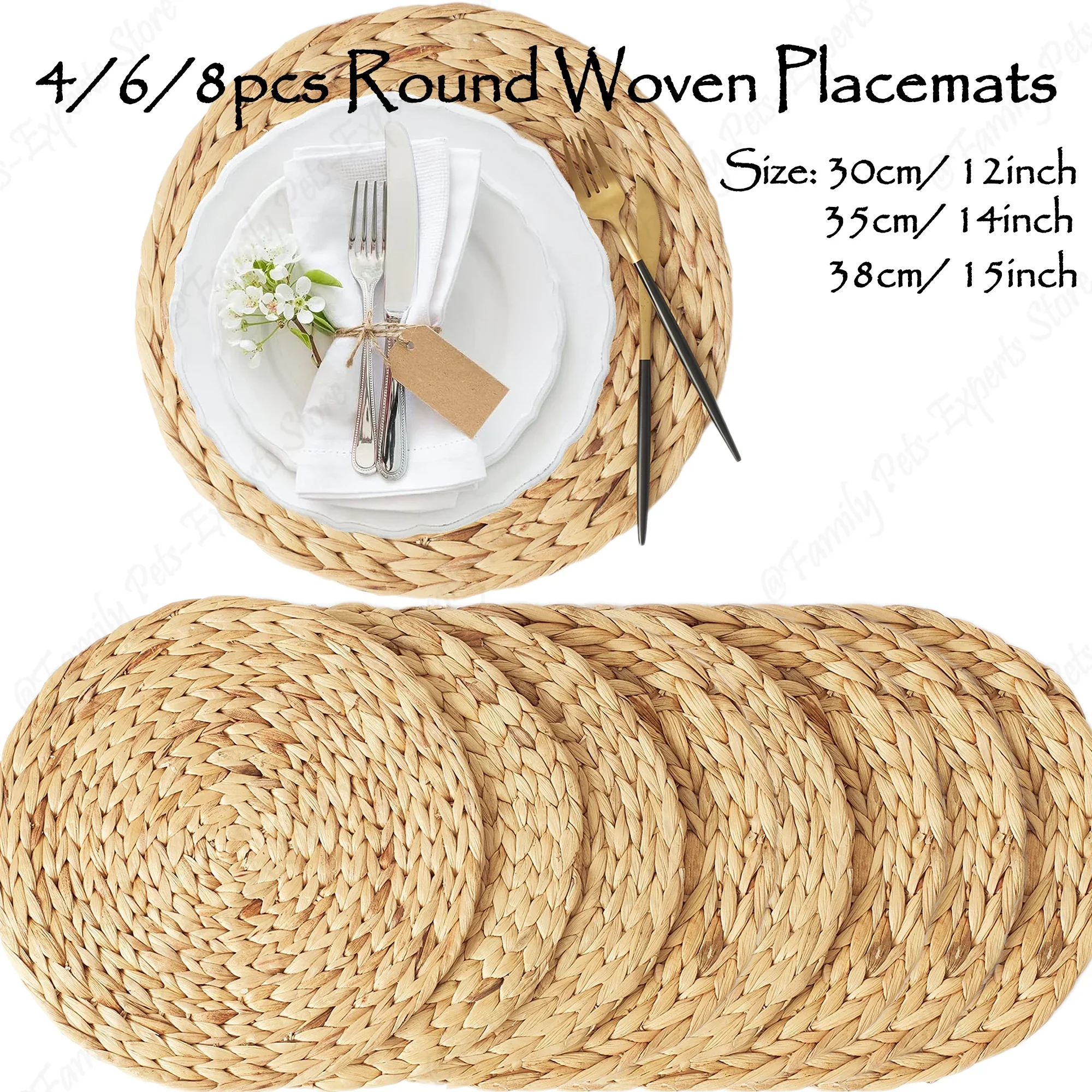 4/6/8Packs Woven Placemats Round Natural Water Hyacinth Table Mats Handmade Heat Resistant Non-Slip Weave Cup Mats for Dinning