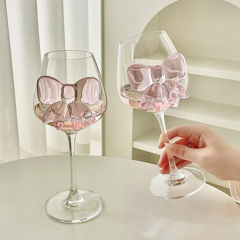 Pink Bow Glass Mug Decor Glass Cup Goblet Bow Handle Glasses Wine Cocktail Glass Dessert Ice Cream Bowl Drinking Glass