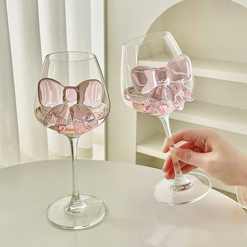 Pink Bow Glass Mug Decor Glass Cup Goblet Bow Handle Glasses Wine Cocktail Glass Dessert Ice Cream Bowl Drinking Glass