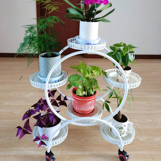 Pot Plant Shelf Round Metal Stand W/Wheel Rack for Flowers Balcony Garden
