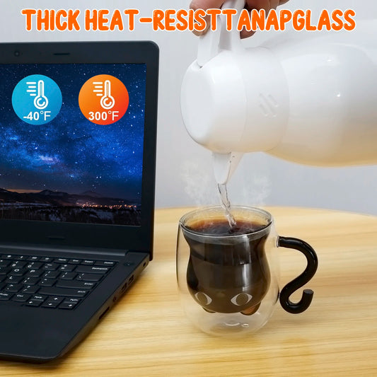 Cute Cat Mugs Double Vacuum Cute Tea Cups with Handle 250-300ml Insulated Glass Cat Coffee Mug for Cat Lovers Women Wife Mum