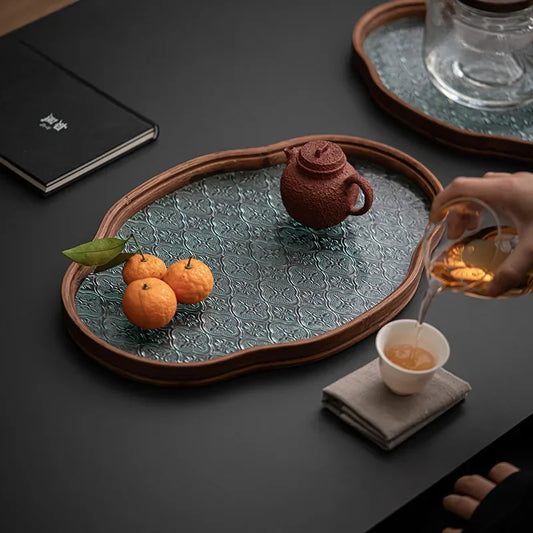 Eco Teacup Wood Tray Retro Glass Tray Cake Candy Kung Fu Tea Jewelry Decorative Tray Dessert Storage Dish Home Decor Posing Prop