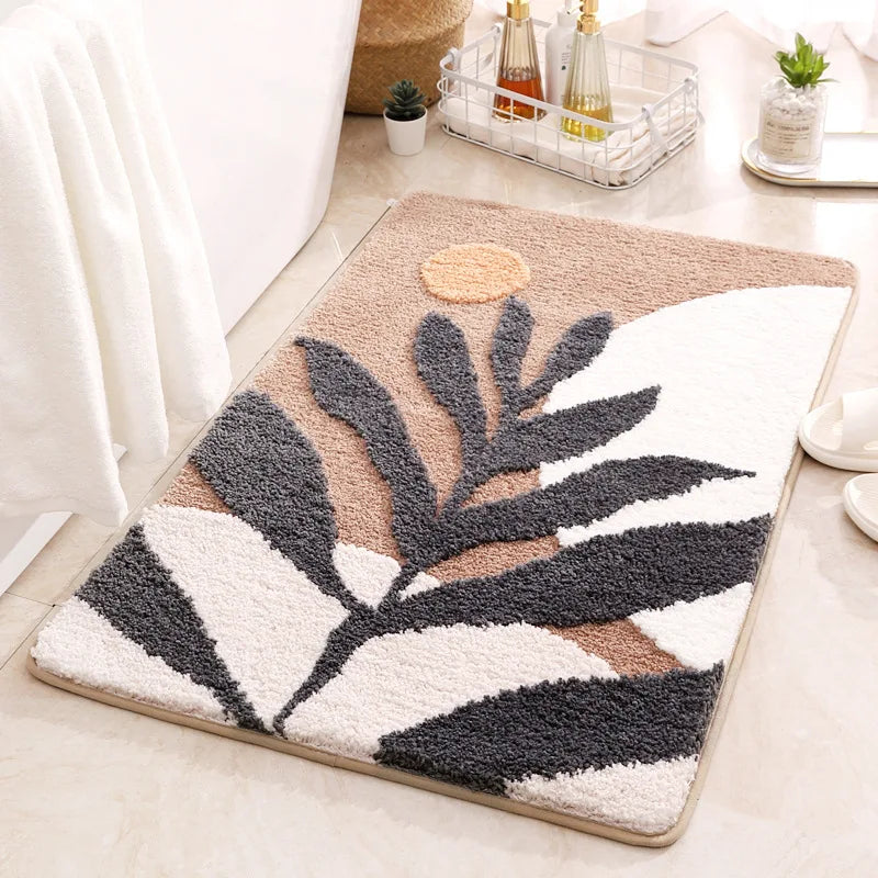 Non-Slip Bath Mat Rug Boho Plant Art Boho Abstract Leaves Bathroom Rug Absorbent Bathroom Rugs for Home Office 40x60cm 50x80cm
