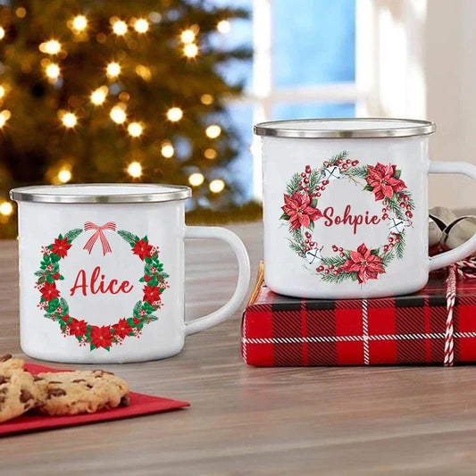 Personalised Creative Coffee Cup Custom Name Christmas Party Drinks Wine Beer Juice Milk Cups Handle Enamel Mugs Christmas Gifts