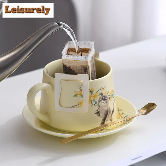 280ml Hand Drawn Cute Cat Coffee Mug With Plate Couple Handgrip Cups Afternoon Tea Mug Coffee Milk Pot Cup Saucer Kit Teaware