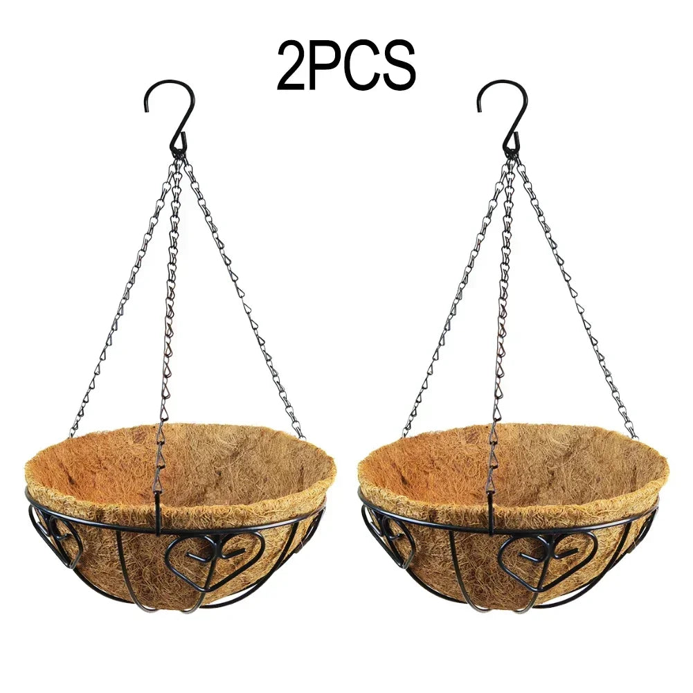 Functional Hanging Flower Pots Set 2Pcs Metal Baskets with Coconut Fiber Liners Perfect for Enhancing Outdoor Spaces