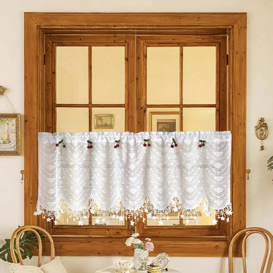 Cherry Decor White Sheer Kitchen Curtains Hollow Flower Living Room Door Half Window's Curtain Star Lace Cafe Drapery