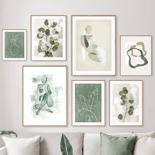 Wall Art Canvas Painting Gray Green Abstract Line Body Eucalyptus Leaves Minimalist Living Room Decor Poster Prints Wall Picture
