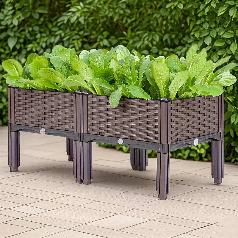 Weaving Elevated Garden Bed - Durable Plastic Elevated Flower Pot with Drainage Holes, Suitable for Terrace, Deck, Rectangular
