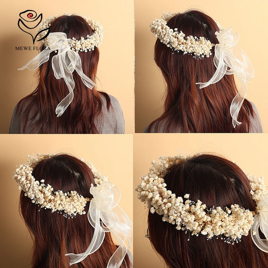 Dried Flowers Wreath Handmade Preserved Gypsophila Garland Headpiece Bridal Flower Girls Kids Women Festival Hair Headband Crown