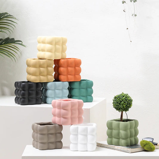 Nordic Nine Square Checkered Ball Square Ceramic Flower Pot Perforated with Tray Plant Potted Flower Vase Indoor Garden Decor