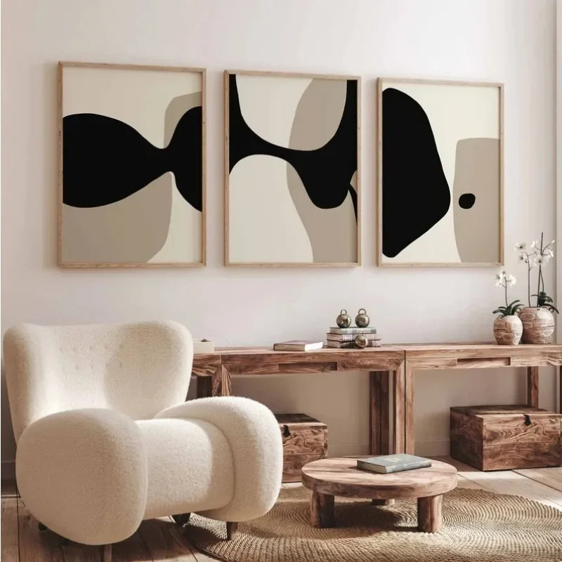 Modern Minimalist Neutral Gallery Wall Art Black and Beige Abstract Art Canvas Painting Nordic Simple Bedroom Decor