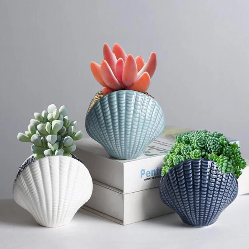 Nordic Style Ceramic Succulent Plant Pot Shell Green Plant Pot Bonsai Vase Desktop Ornaments Gardening Planter Home Decor
