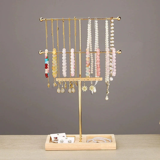 3-Layer Metal Jewelry Stand with Wooden Base – T-Shaped Necklace, Bracelet & Earring Holder | NaturalBuiltHome
