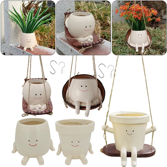 Hanging Hammock Planter Resin Swing Smile Face Planter Creative Smile Face Flower Container for Indoor Outdoor Plant