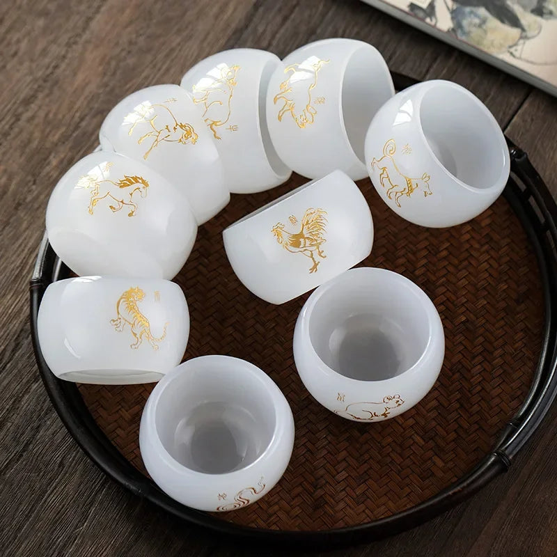 Carved Jade Porcelain Teacup of The Chinese Zodiac Master Tea Cup Single Glass Glazed Tea Set Year of The Dragon Teacup