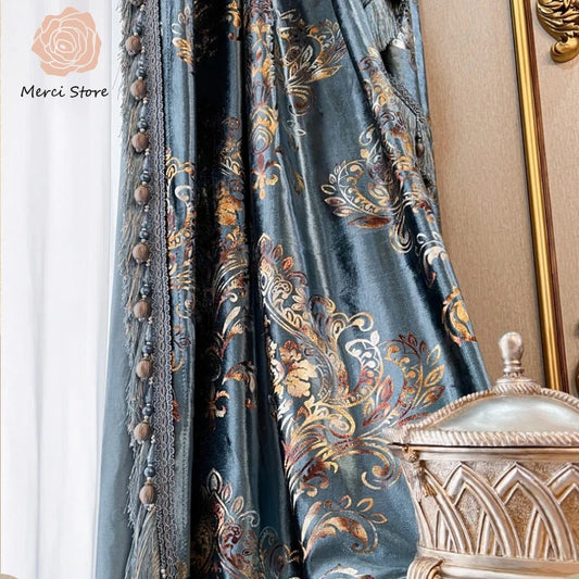 European Blue Velvet Embroidered Baroque Tulle Valance Curtains for Living Dining Room Bedroom Custom Thermal Insulated Drapes