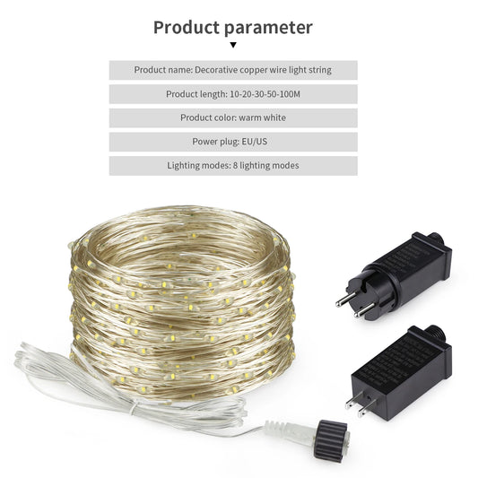 10M-100M LED Light String Copper Wire Garland Fairy Light 110V 220V Waterproof Outdoor Garden Party Wedding Christmas Decoration
