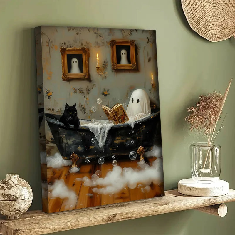 Framed Black Cat Ghost Reading Book in Bathtub Posters Spooky Halloween Decorative Canvas Painting Bathroom Wall Art Room Decor