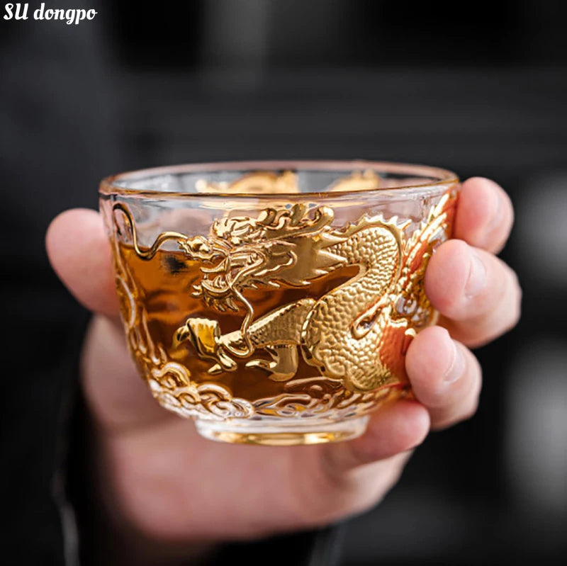 Chinese Golden Dragon Auspicious Cloud Teacup Gold Painted Master Cup Crystal Transparent Glass Zen Kung Fu Tea Bowl