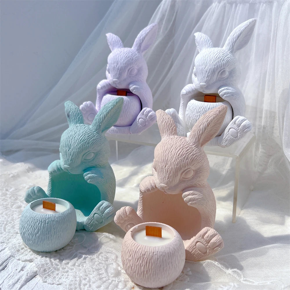 Creative Rabbit Shape Hollow Candle Holder Silicone Mold Set for DIY Candle Crafting Durable Concrete Plaster Candlestick Molds