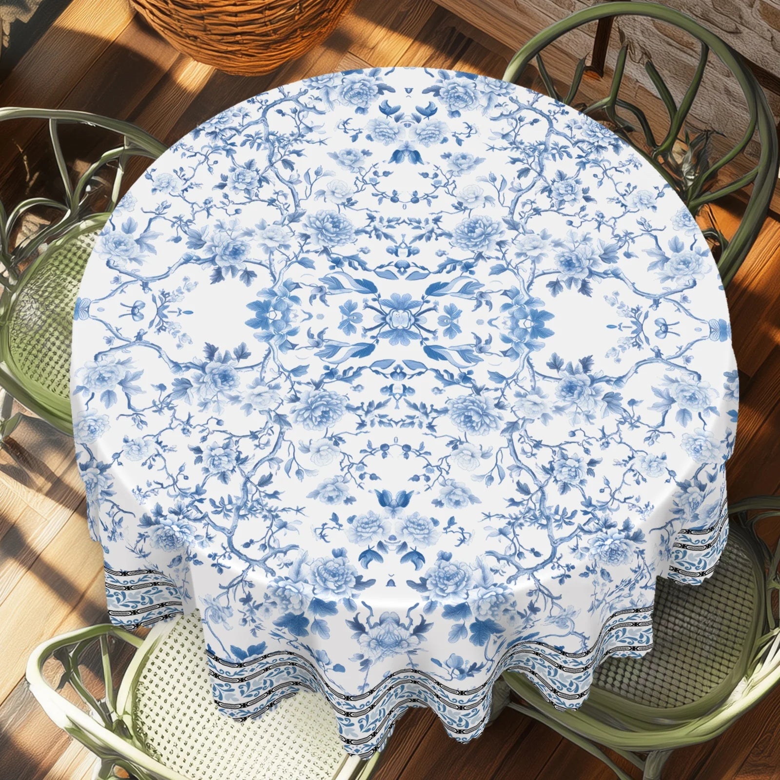 1pc Blue Flower Bohemian Style Polyester Tablecloth with Scalloped Edge, Suitable for Home Kitchen Decor, Room Decoration