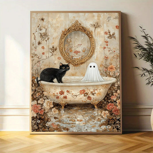 No Framed, Creepy Halloween Bathroom Print,Ghost with a Black Cat in the Bathtub ,Funny Halloween Decor,Cute Ghost Art, Vintage
