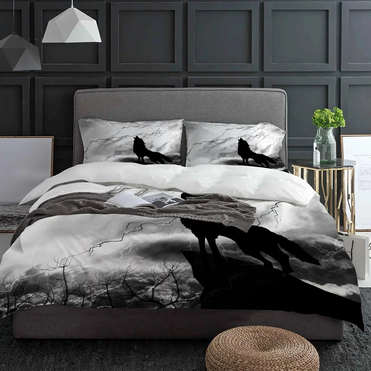 Black Wolf Night Lightning Wild Animal Bedding Set 3pcs Duvet Cover Pillowcase Quilt Cover Double Bed Set Home Textile