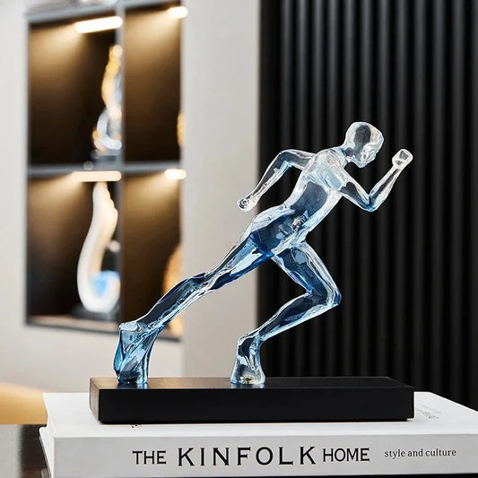 Exquisite Blue Crystal Sculpted Running Man Statue for Home & Office Decoration Unique Crystal Runner Figurine White Sculpture
