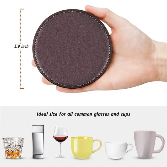Set of 6 Coasters for Drinks, Leather Coasters with Holder,Protect Furniture from Damage 4 Inch
