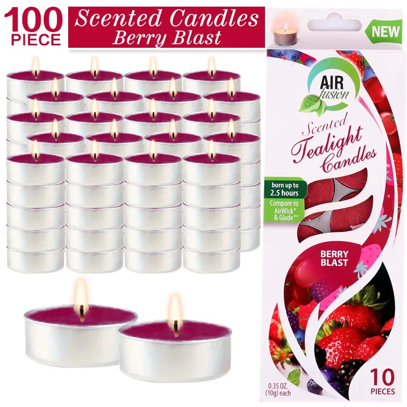 Air Fusion 100 Count Tea Lights Candles Burgundy Berry Blast Scented 2.5 Hours Smoke-free Drip-free And Long-lasting Aromatherap