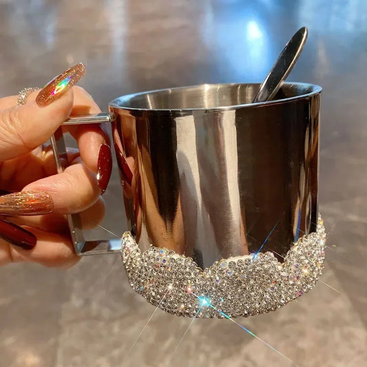 280ml 3pcs Coffee Cup Set Bling Rhinestone Stainless Steel Mug With Spoon Tea Cup Breakfast Milk Cup Saucer Office Home Mug Gift