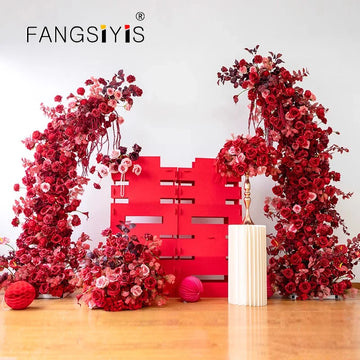 Red Rose Peony Floral Arrangement ox Horn Arch Wedding Decor Flower Stand Artificial Floor Flower Table Centerpiece Party Props