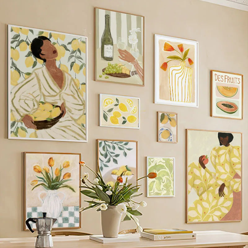 Retro Pajama Girl Lemon Flowers Vase Abstract Gallery Poster And Prints Wall Art Canvas Painting Pictures For Living Room Decor